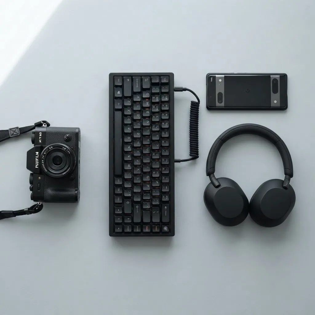 Headphones, keyboard, phone and camera laid out on a grey surface